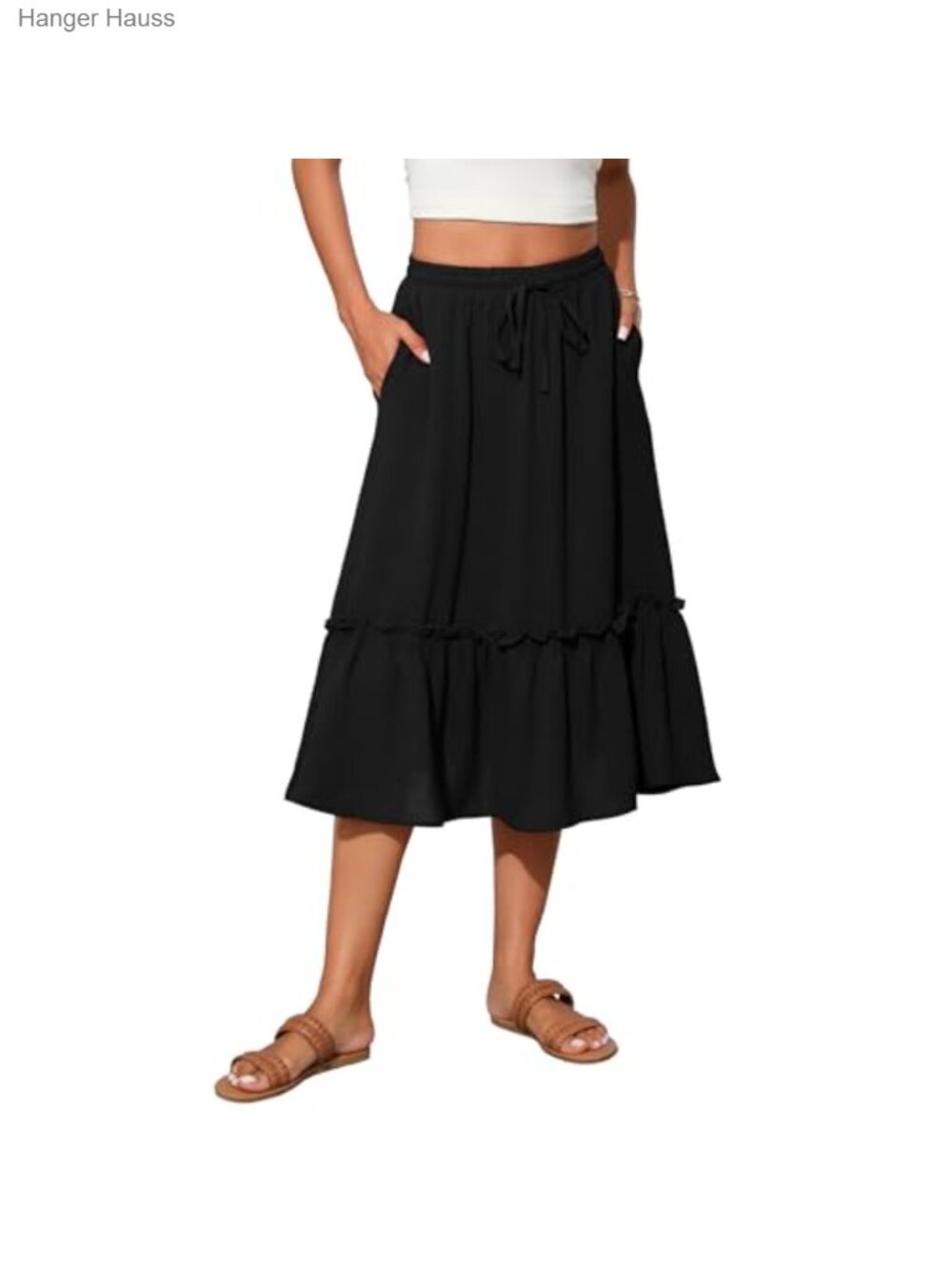 Women's High Waist Tiered Midi Skirt Flowy Long Length with Pockets